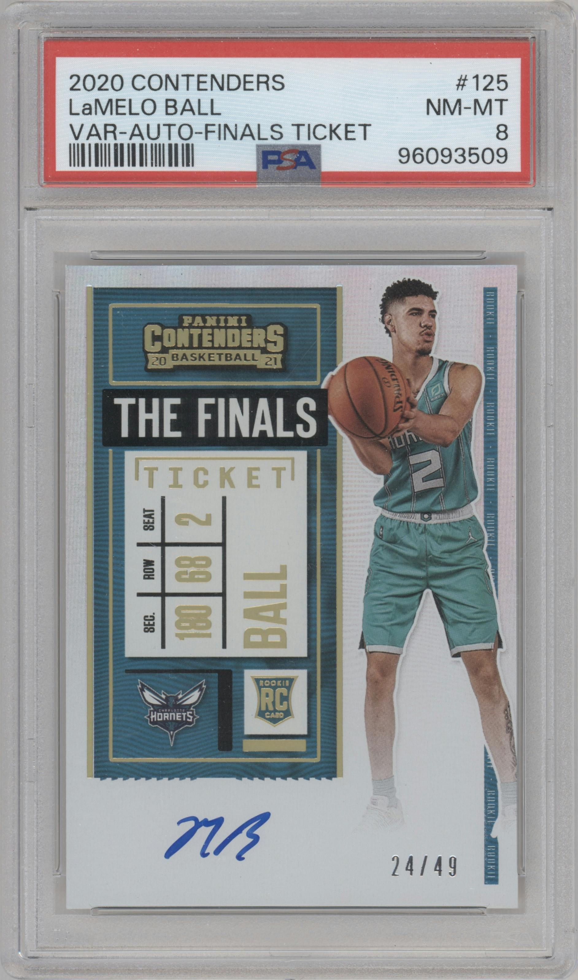 LaMelo Ball from the 2020-21 Panini Contenders set featuring a Finals parallel graded by PSA and given an overall grade of 8.