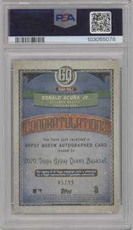 Ronald Acuna Jr. from the 2020 Topps Gypsy Queen set featuring a GQ Logo Swap parallel graded by PSA and given an overall grade of 10.