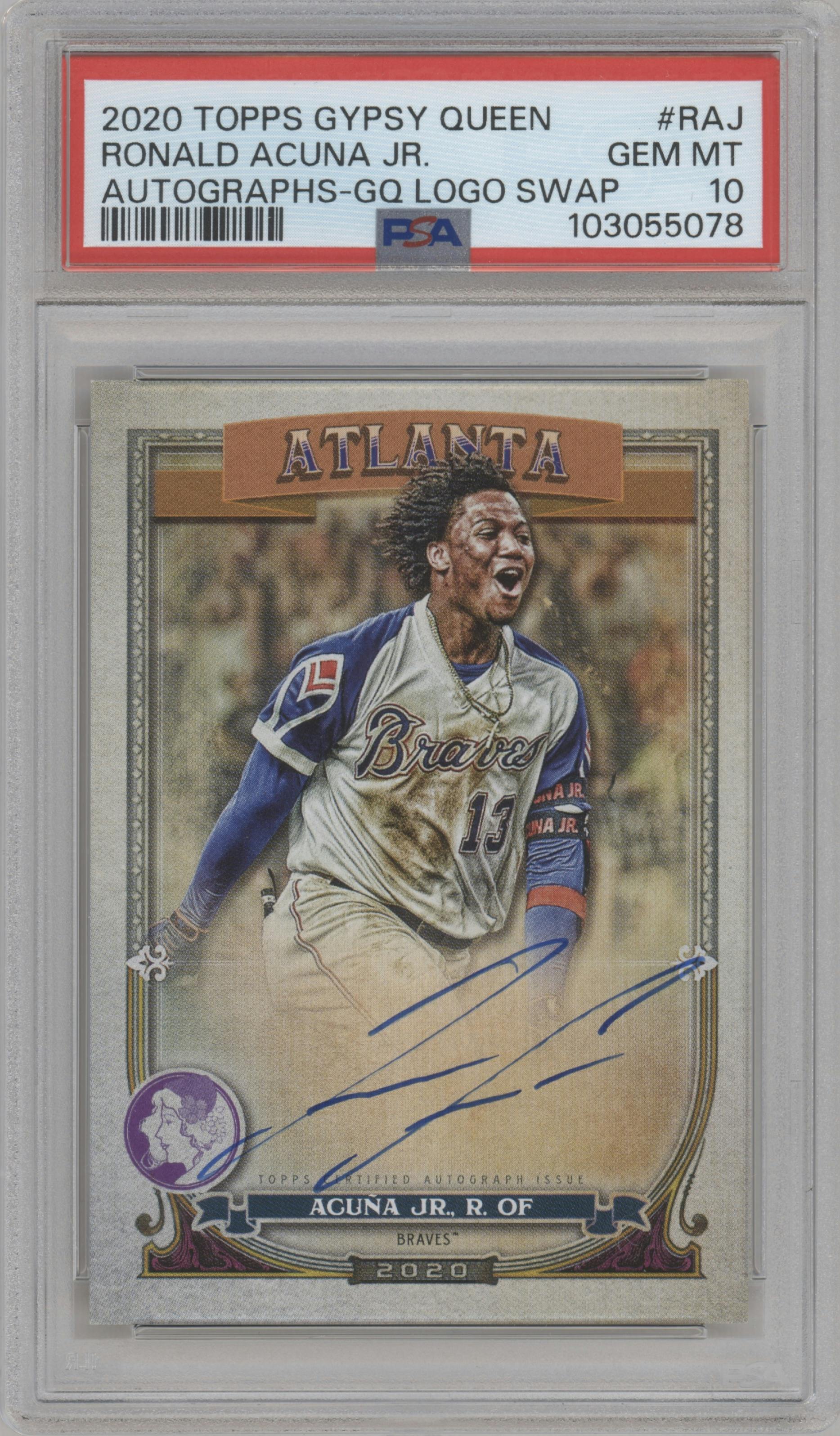 Ronald Acuna Jr. from the 2020 Topps Gypsy Queen set featuring a GQ Logo Swap parallel graded by PSA and given an overall grade of 10.