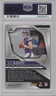 J.J. McCarthy from the 2024 Panini Prizm set featuring a Hyper parallel graded by PSA and given an overall grade of 9.