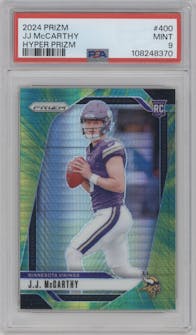 J.J. McCarthy from the 2024 Panini Prizm set featuring a Hyper parallel graded by PSA and given an overall grade of 9.