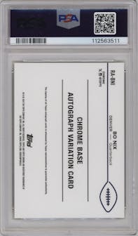 Bo Nix from the 2024 Topps Chrome set featuring a Yellow Geometric Refractor parallel graded by PSA and given an overall grade of 10.