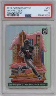Michael Vick from the 2024 Donruss Optic set graded by PSA and given an overall grade of 9.