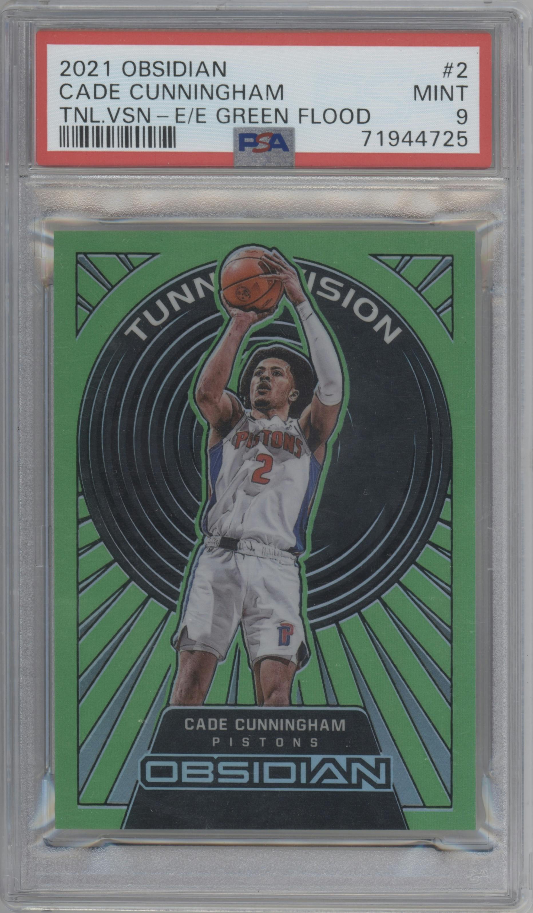 Cade Cunningham from the 2021-22 Panini Obsidian set featuring a Electric Etch Green Flood  parallel graded by PSA and given an overall grade of 9.