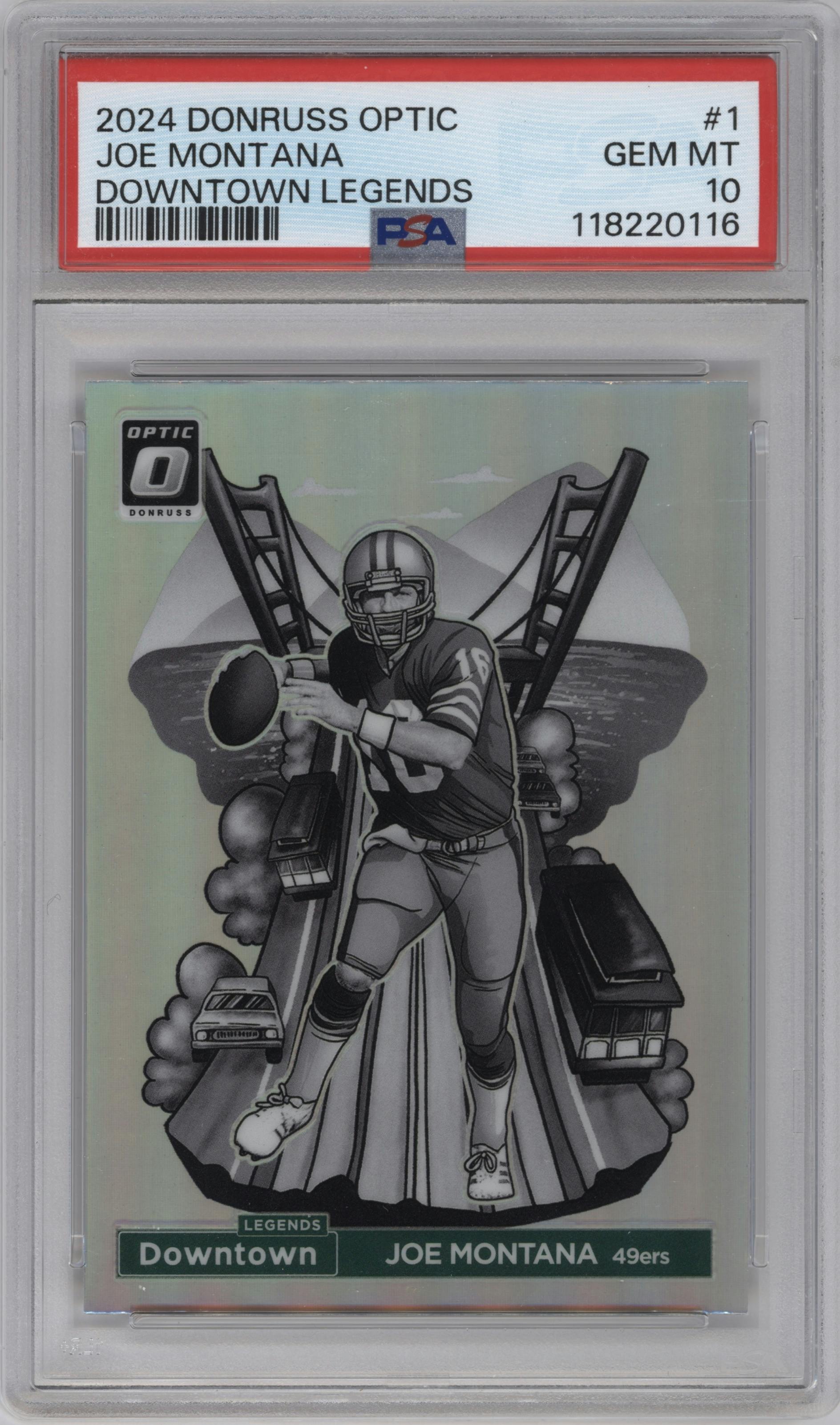 Joe Montana from the 2024 Donruss Optic set graded by PSA and given an overall grade of 10.