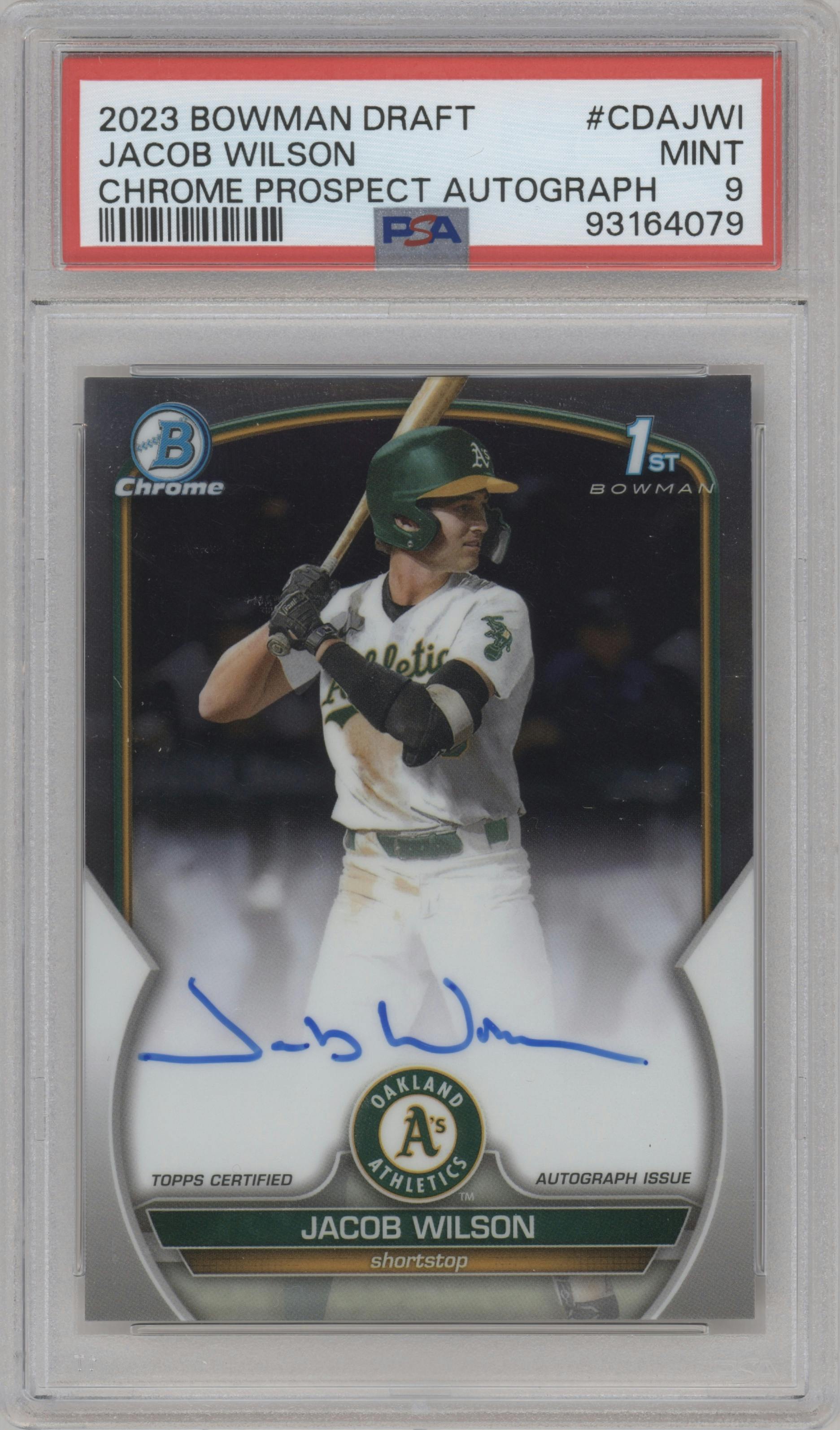 Jacob Wilson from the 2023 Bowman Draft set graded by PSA and given an overall grade of 9.