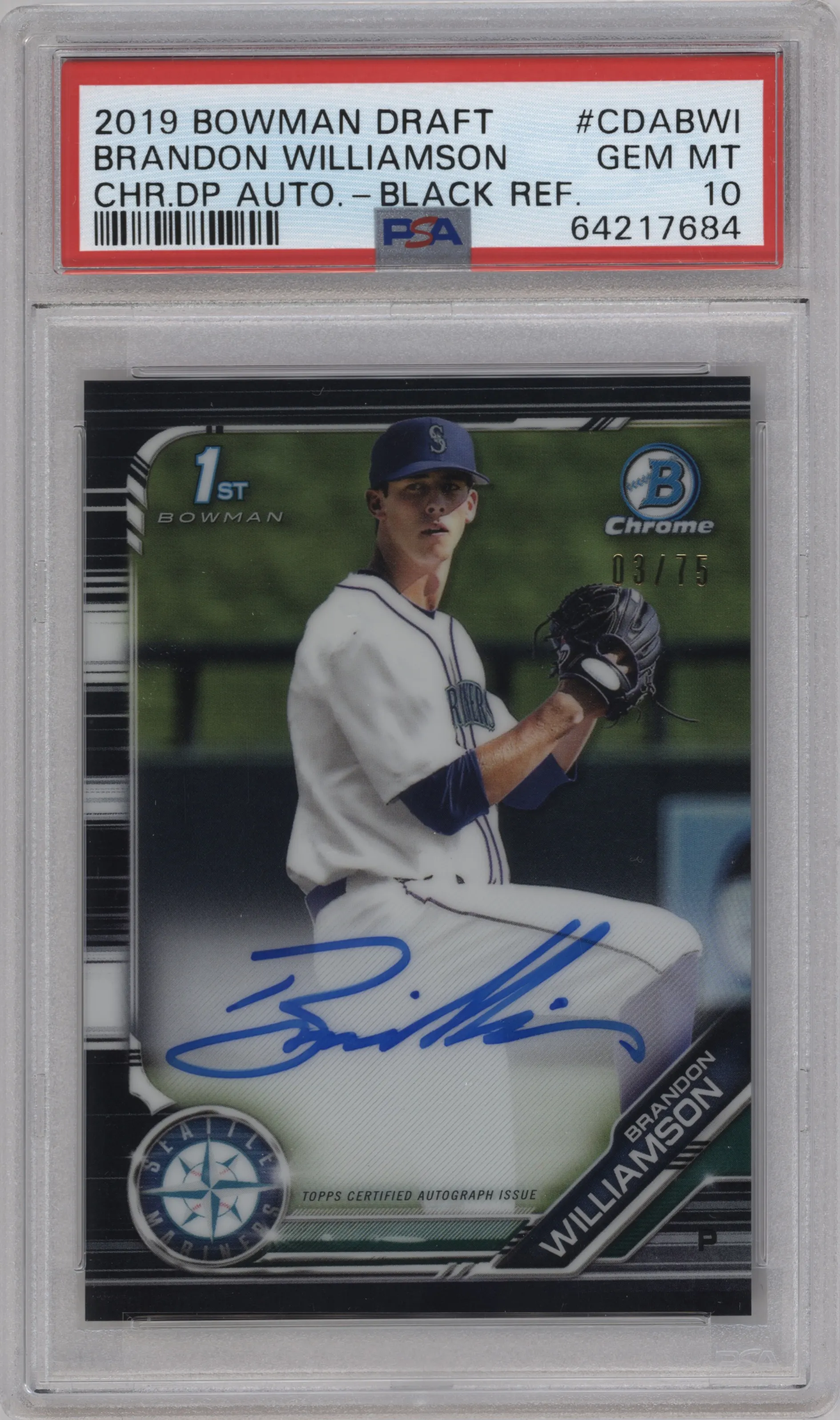 2019 Bowman Draft Chr.DP Auto Brandon Williamson Black Refractor PSA 10