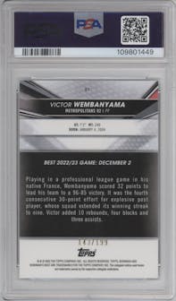 Victor Wembanyama from the 2022-23 Bowman University Best set featuring a Aqua Lava Refractor parallel graded by PSA and given an overall grade of 9.