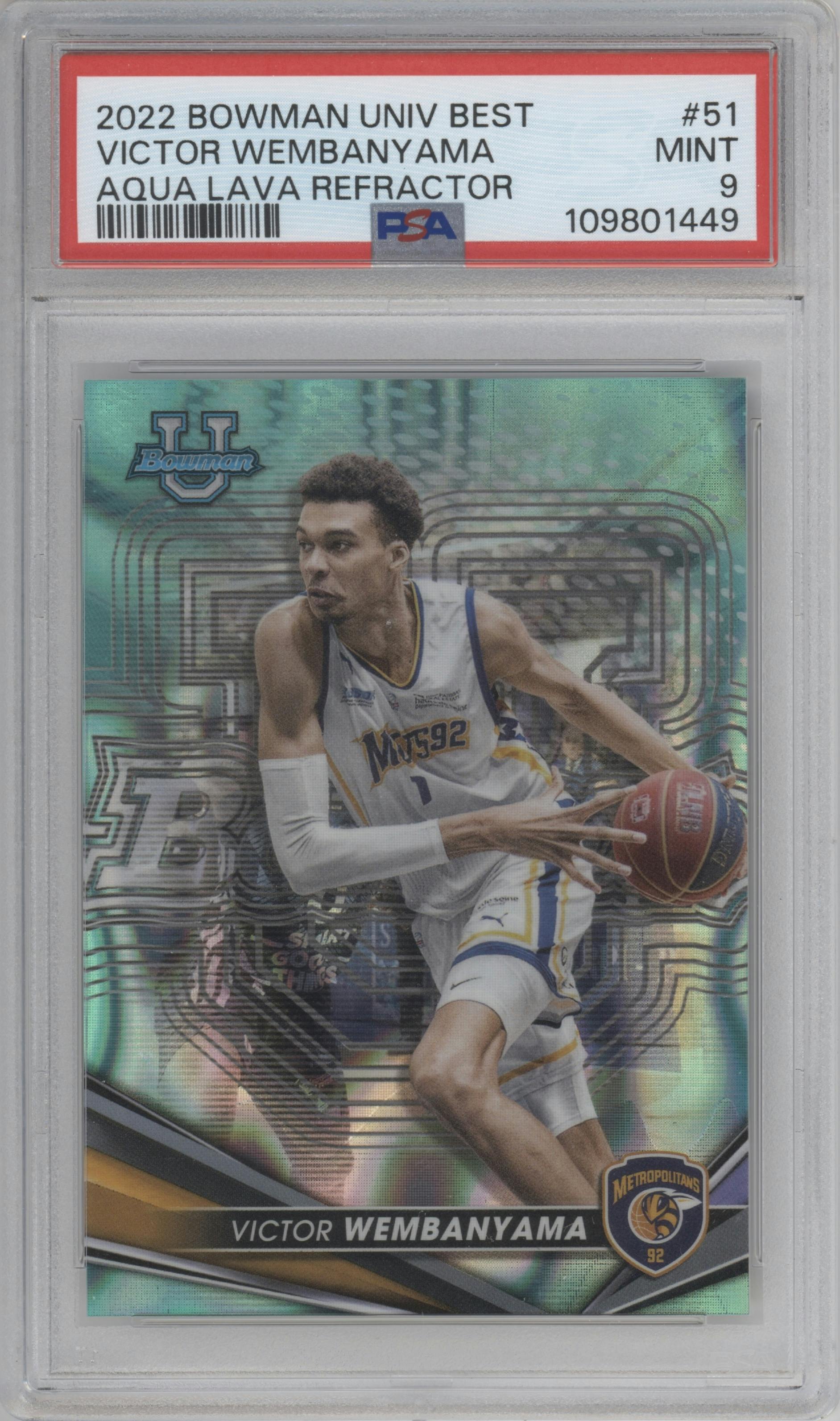 Victor Wembanyama from the 2022-23 Bowman University Best set featuring a Aqua Lava Refractor parallel graded by PSA and given an overall grade of 9.