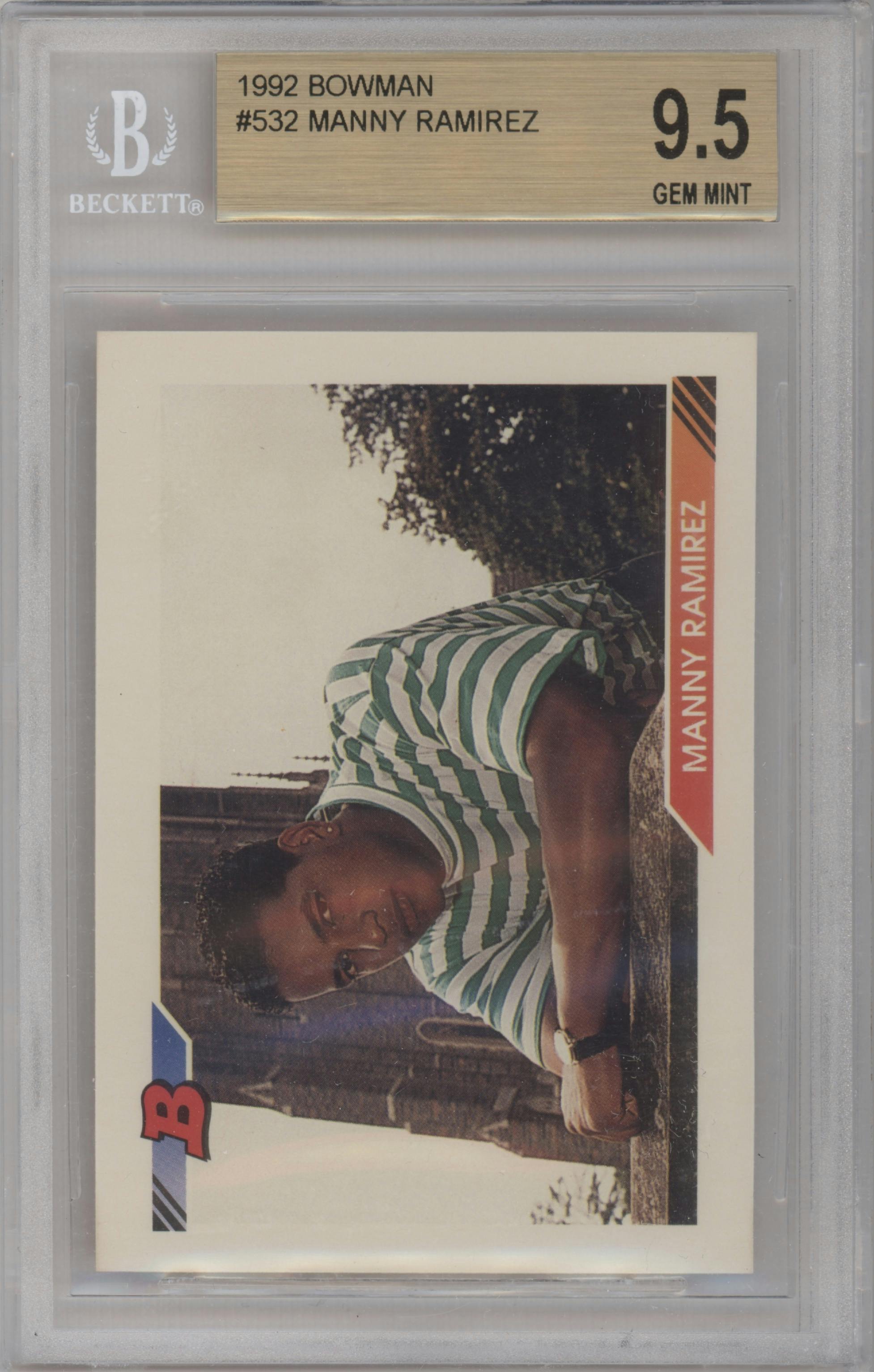 Manny Ramirez from the 1992 Bowman set graded by Beckett and given an overall grade of 9.5.