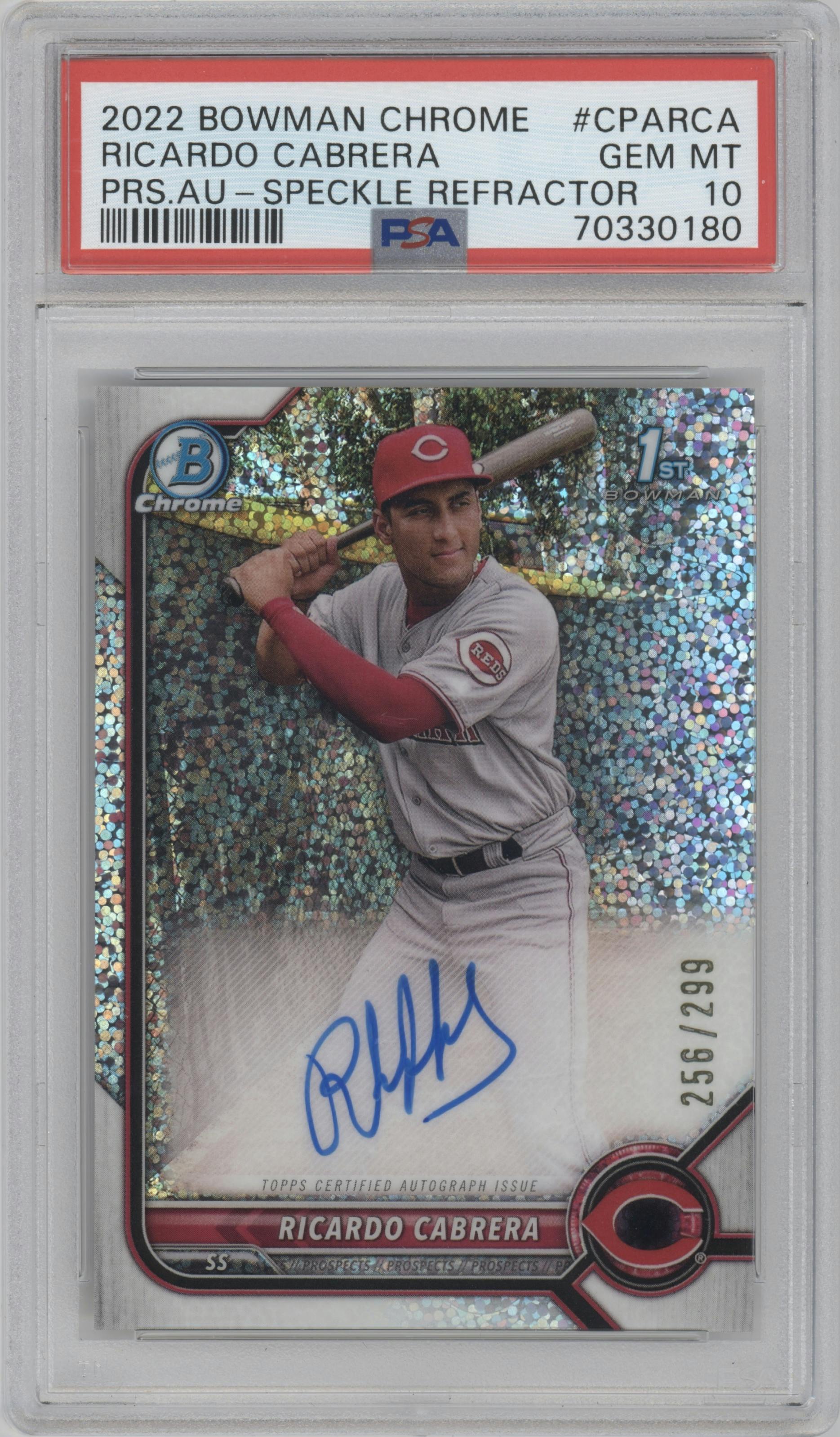 Ricardo Cabrera from the 2022 Bowman Chrome set featuring a Speckle Refractor parallel graded by PSA and given an overall grade of 10.