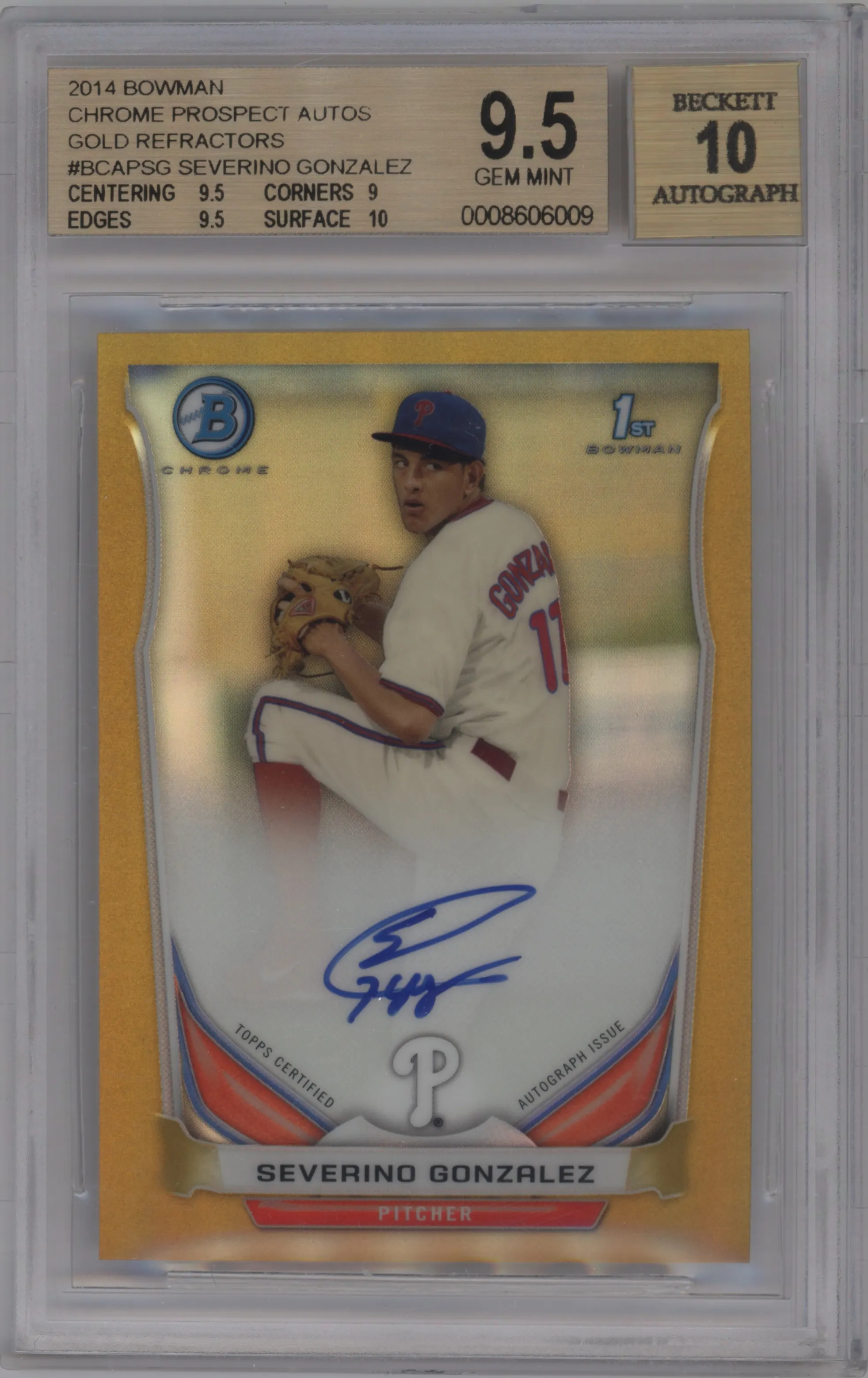 2014 Bowman Chr.Pros.Auto Severino Gonzalez Gold Refractor BGS 9.5