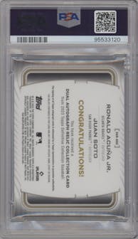 Ronald Acuna Jr./Juan Soto  from the 2023 Topps Definitive Collection set featuring a Purple parallel graded by PSA and given an overall grade of 10.
