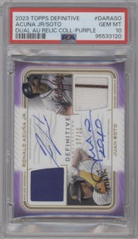 Ronald Acuna Jr./Juan Soto  from the 2023 Topps Definitive Collection set featuring a Purple parallel graded by PSA and given an overall grade of 10.