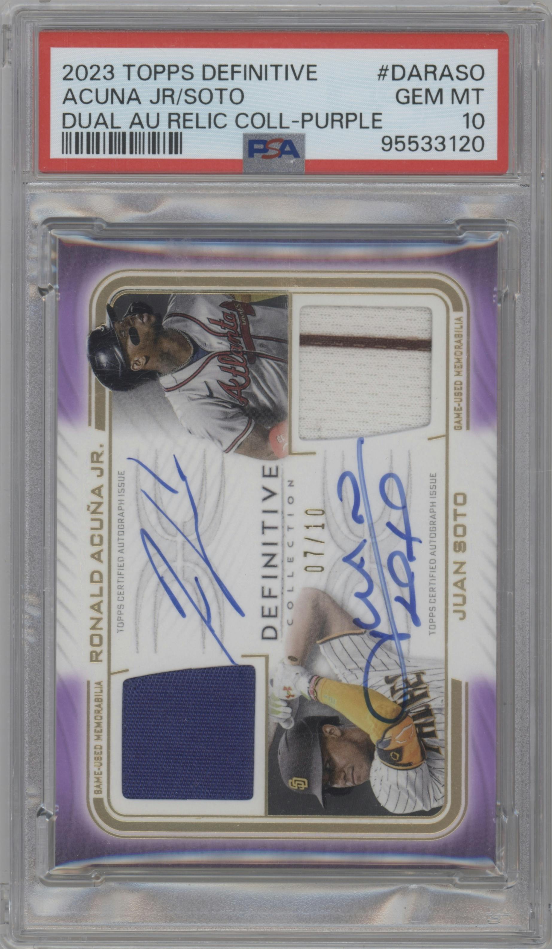 Ronald Acuna Jr./Juan Soto  from the 2023 Topps Definitive Collection set featuring a Purple parallel graded by PSA and given an overall grade of 10.