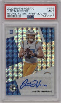 Justin Herbert from the 2020 Panini Mosaic set graded by PSA and given an overall grade of 9.