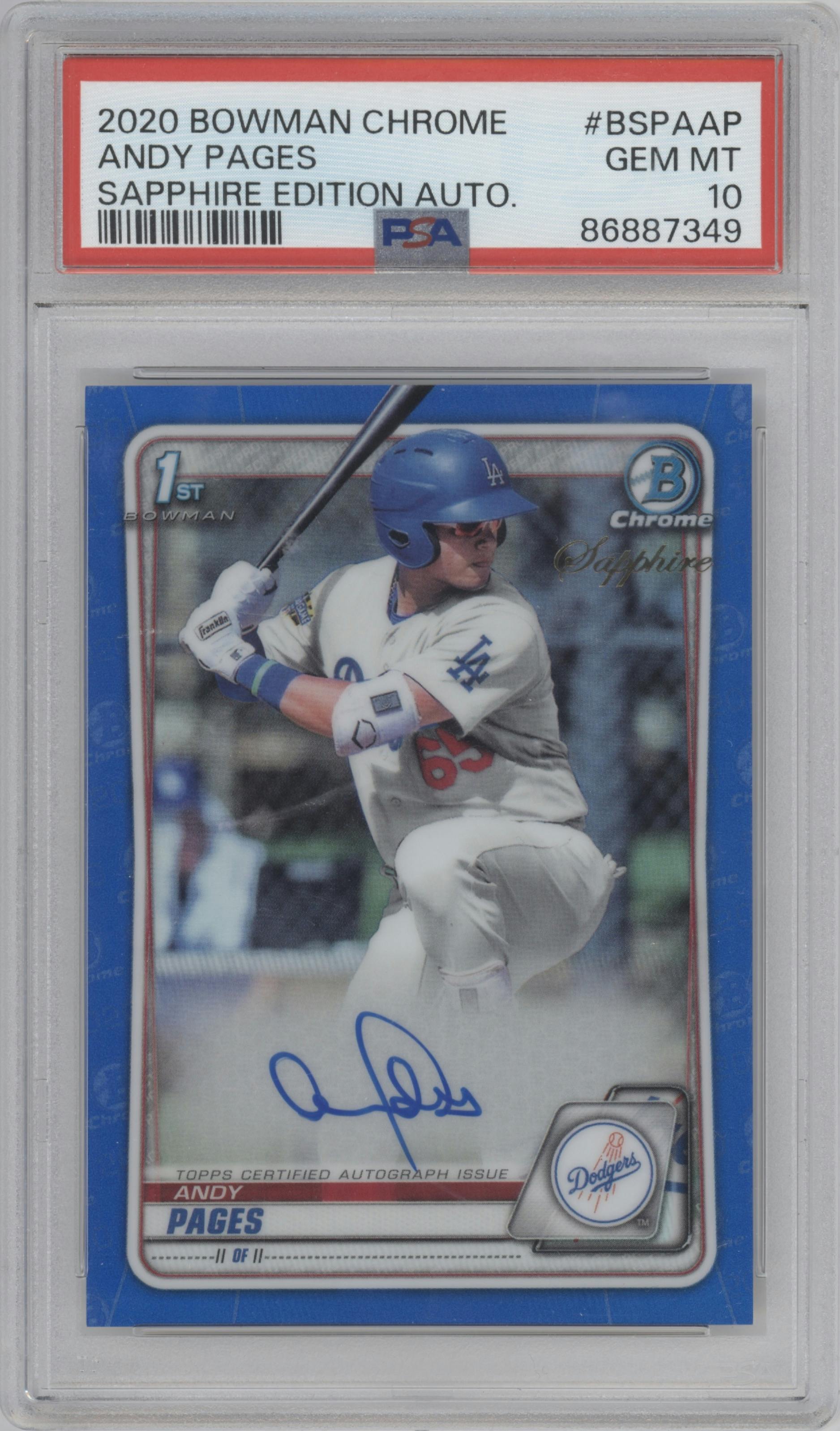 Andy Pages from the 2020 Bowman Sapphire Edition set graded by PSA and given an overall grade of 10.