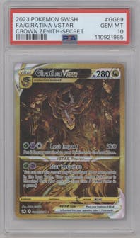 Giratina VSTAR from the 2023 Pokemon SWSH set graded by PSA and given an overall grade of 10.