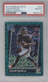 Justin Fields from the 2021 Panini Donruss Optic set featuring a Green Velocity parallel graded by PSA and given an overall grade of 10.