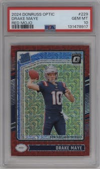 Drake Maye from the 2024 Donruss Optic set featuring a Red Mojo parallel graded by PSA and given an overall grade of 10.