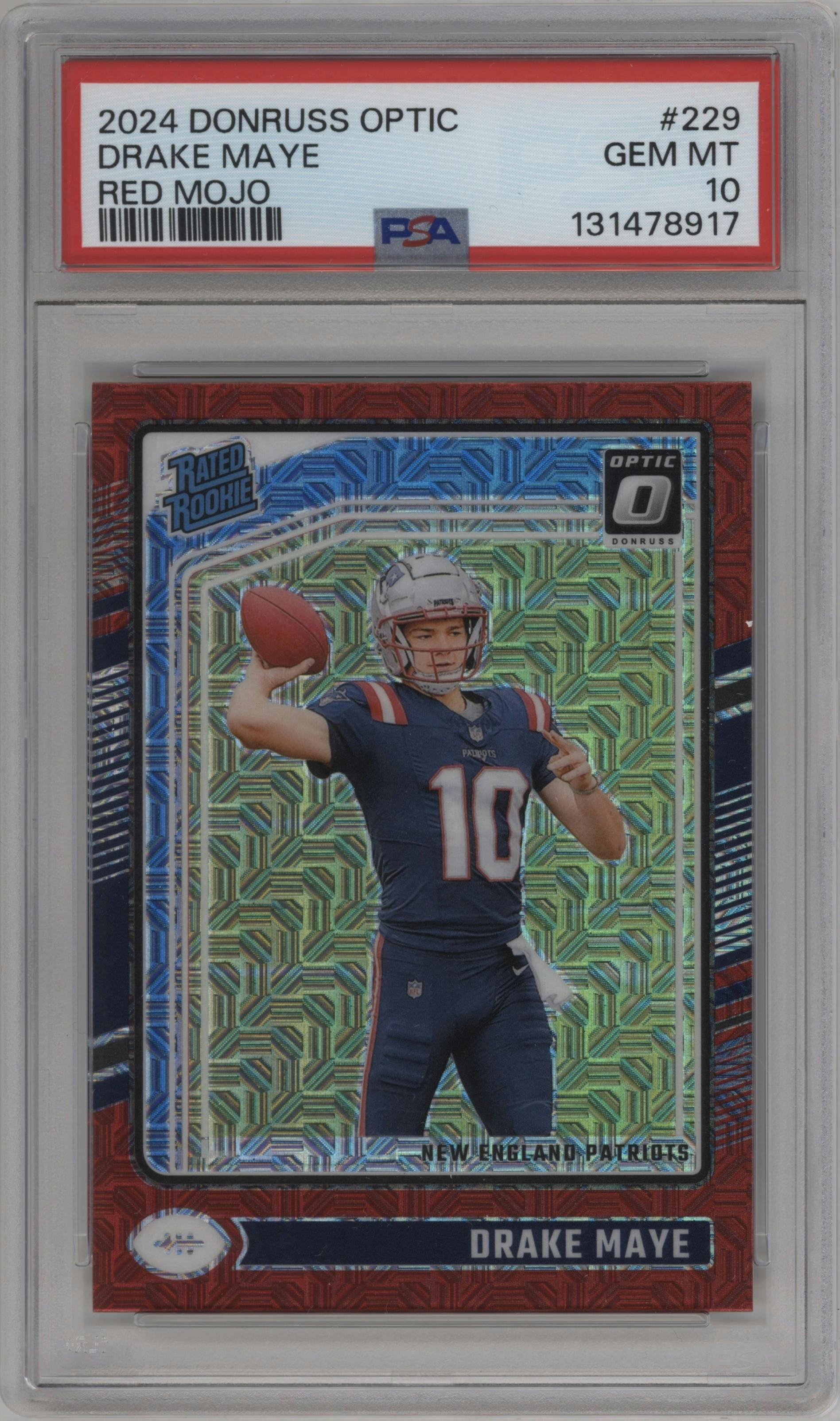 Drake Maye from the 2024 Donruss Optic set featuring a Red Mojo parallel graded by PSA and given an overall grade of 10.