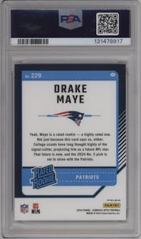 Drake Maye from the 2024 Donruss Optic set featuring a Red Mojo parallel graded by PSA and given an overall grade of 10.