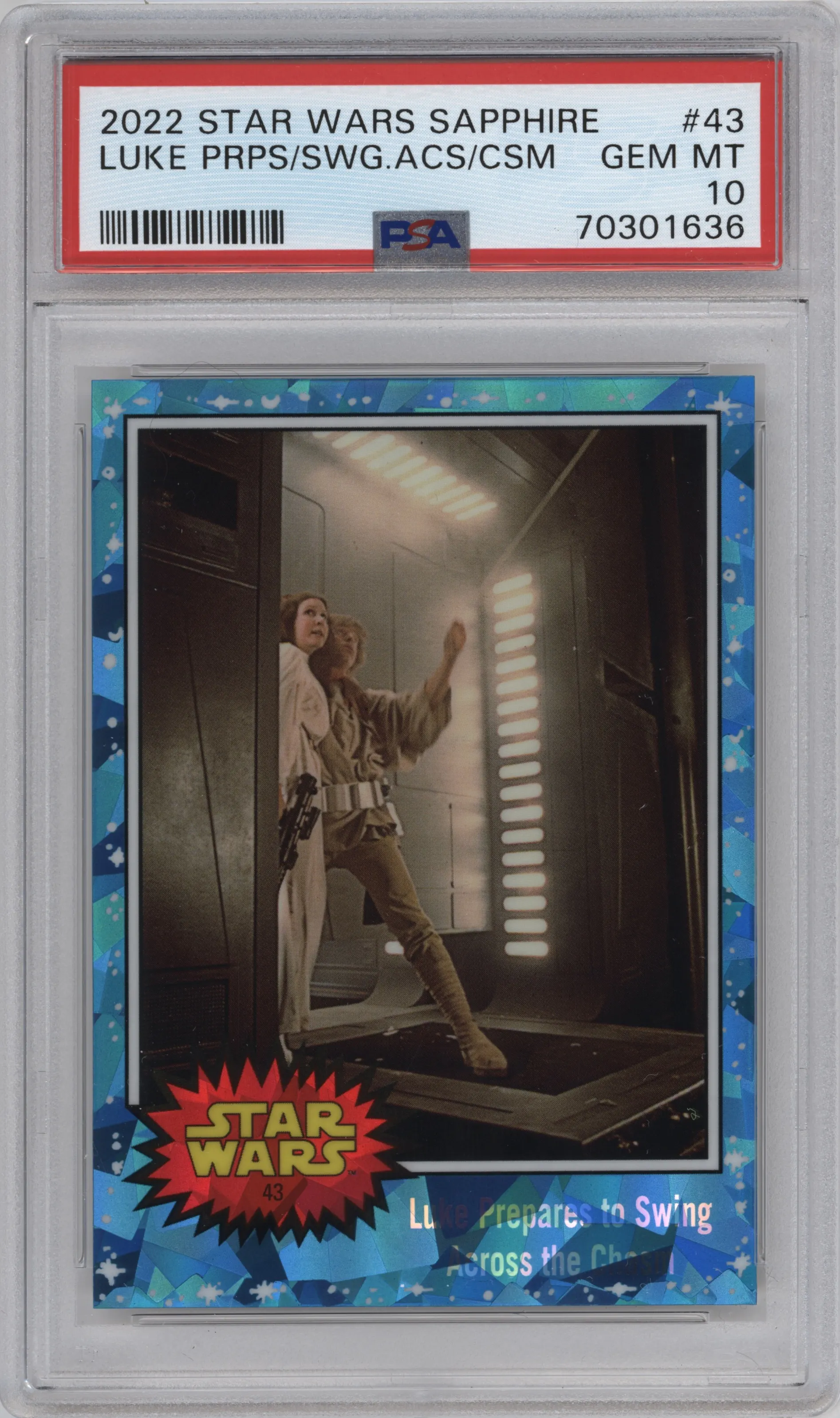 2022 Topps Chrome Star Wars Sapphire Luke Prepares to Swing Across the Chasm #43 PSA 10