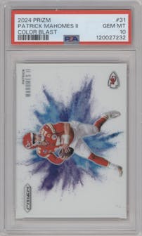 Patrick Mahomes II from the 2024 Panini Prizm set graded by PSA and given an overall grade of 10.