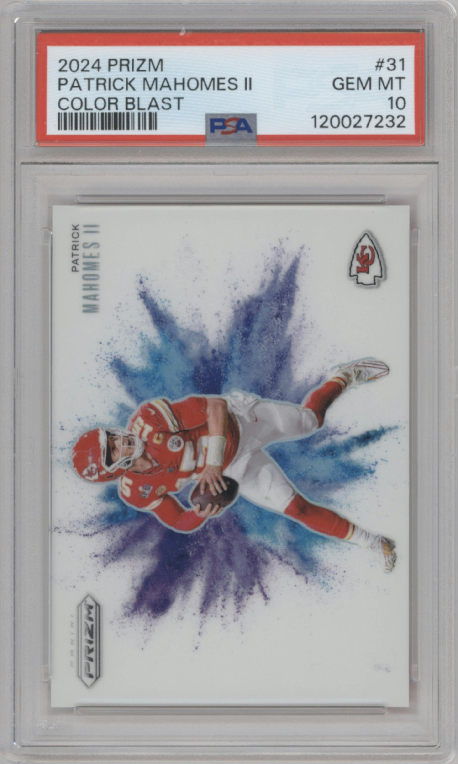 Patrick Mahomes II from the 2024 Panini Prizm set graded by PSA and given an overall grade of 10.