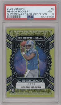 Hendon Hooker from the 2023 Panini Obsidian set featuring a Electric Etch Gold Flood Asia parallel graded by PSA and given an overall grade of 9.