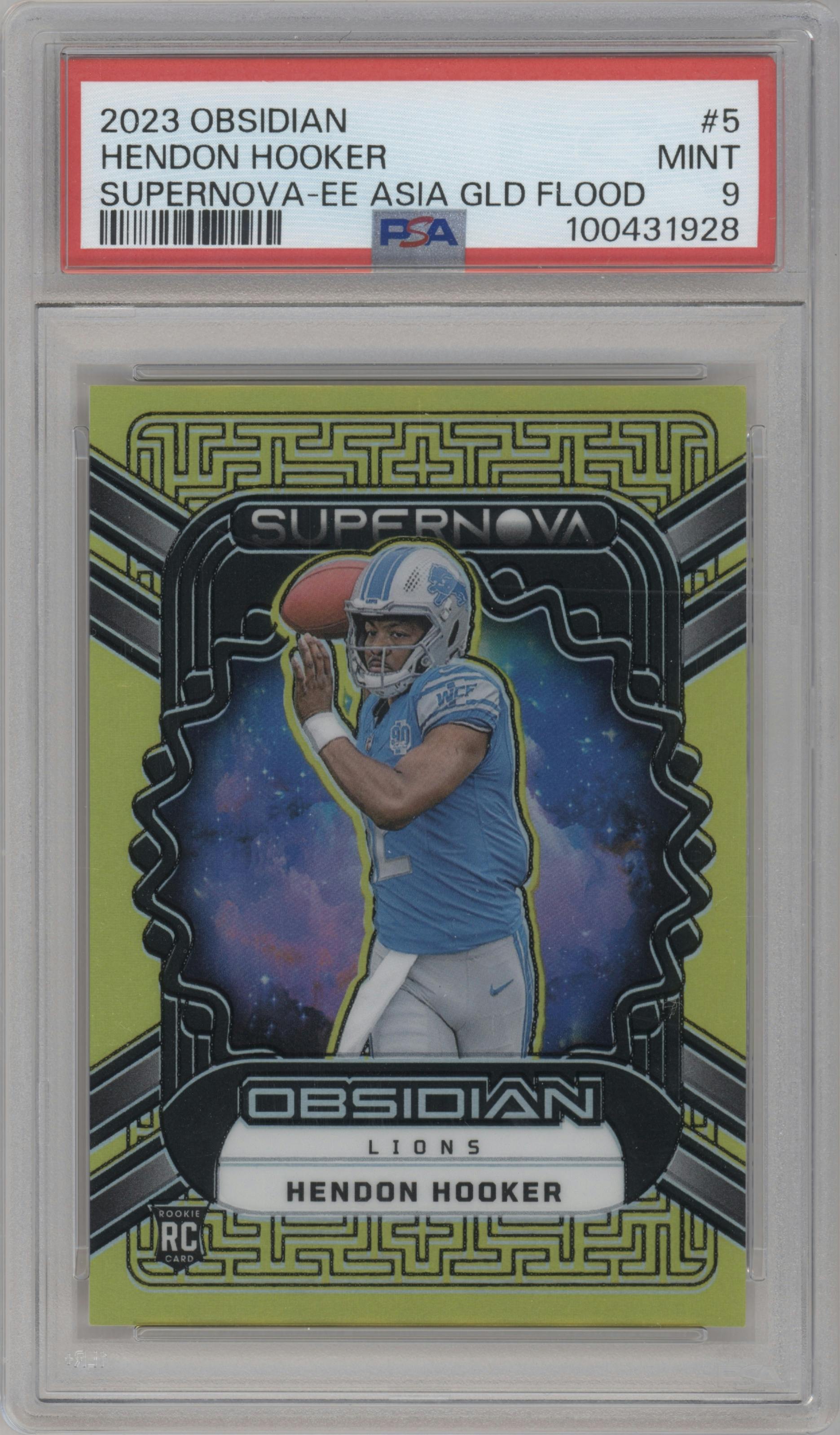 Hendon Hooker from the 2023 Panini Obsidian set featuring a Electric Etch Gold Flood Asia parallel graded by PSA and given an overall grade of 9.
