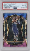 LaMelo Ball from the 2020-21 Panini Select  set featuring a Blue/White/Purple Cracked Ice parallel graded by PSA and given an overall grade of 10.