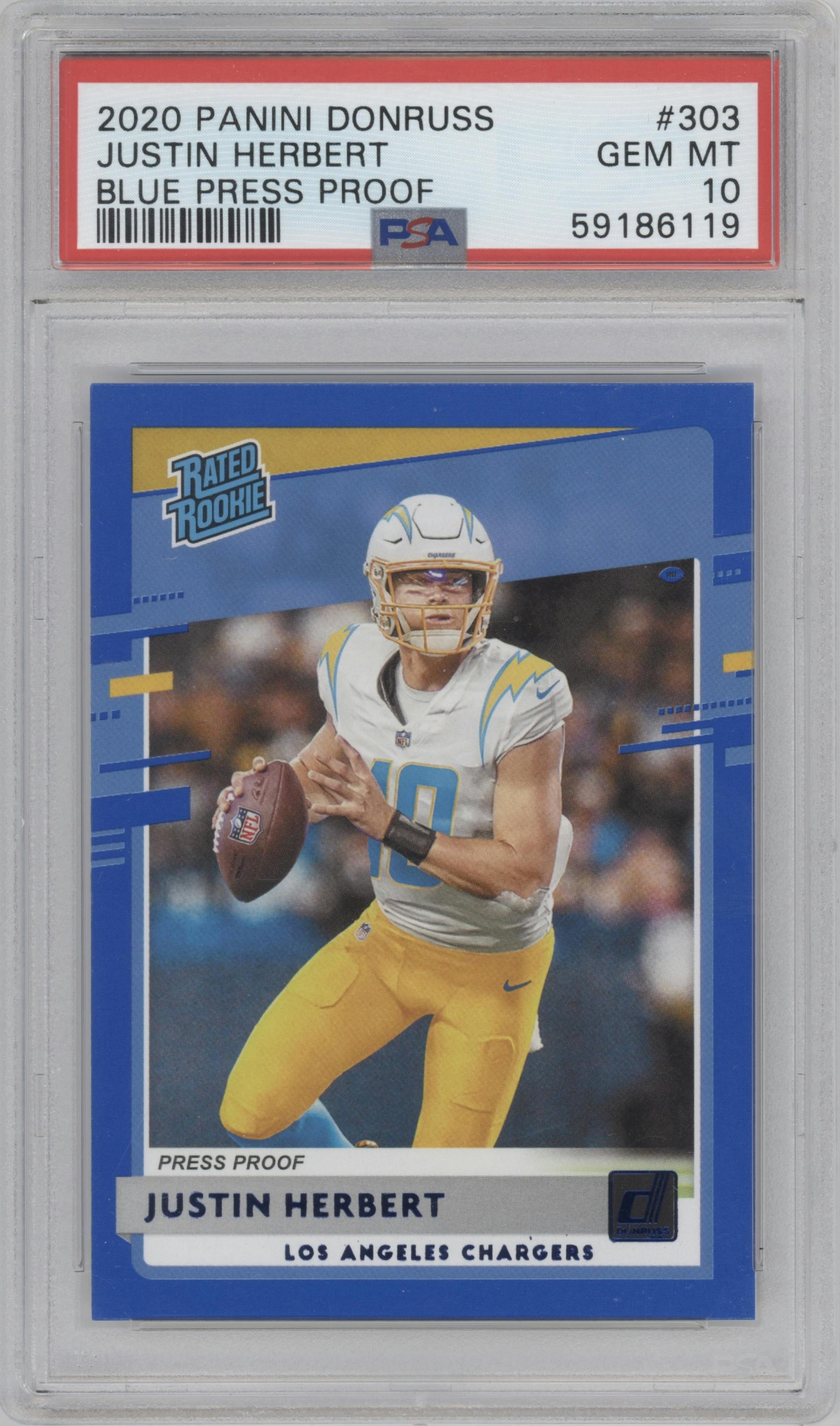 Justin Herbert from the 2020 Panini Donruss set featuring a Press Proof Blue  parallel graded by PSA and given an overall grade of 10.