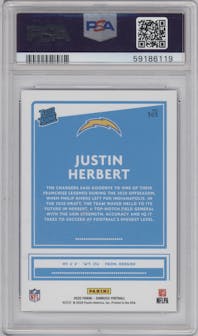 Justin Herbert from the 2020 Panini Donruss set featuring a Press Proof Blue  parallel graded by PSA and given an overall grade of 10.