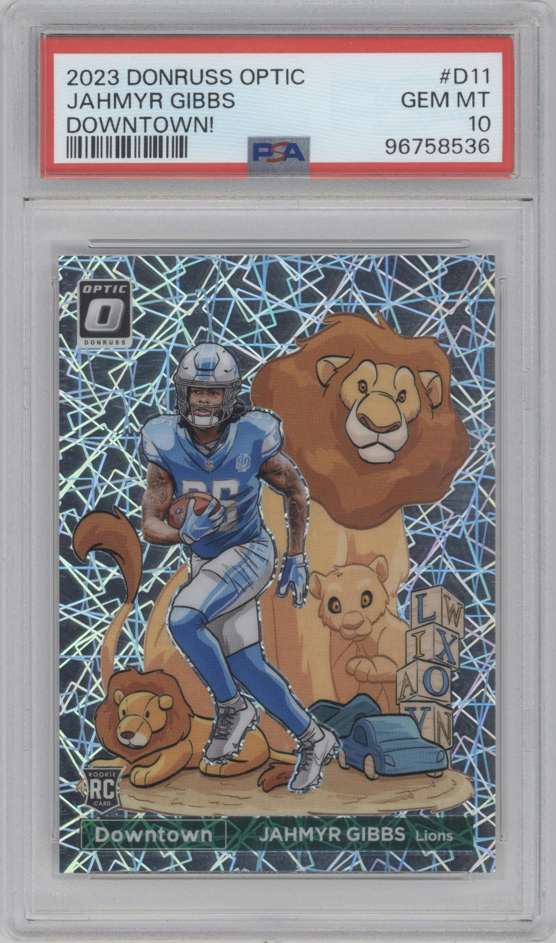 Jahmyr Gibbs from the 2023 Donruss Optic set graded by PSA and given an overall grade of 10.