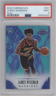 James Wiseman from the 2020-21 Panini Chronicles set featuring a Teal parallel graded by PSA and given an overall grade of 9.