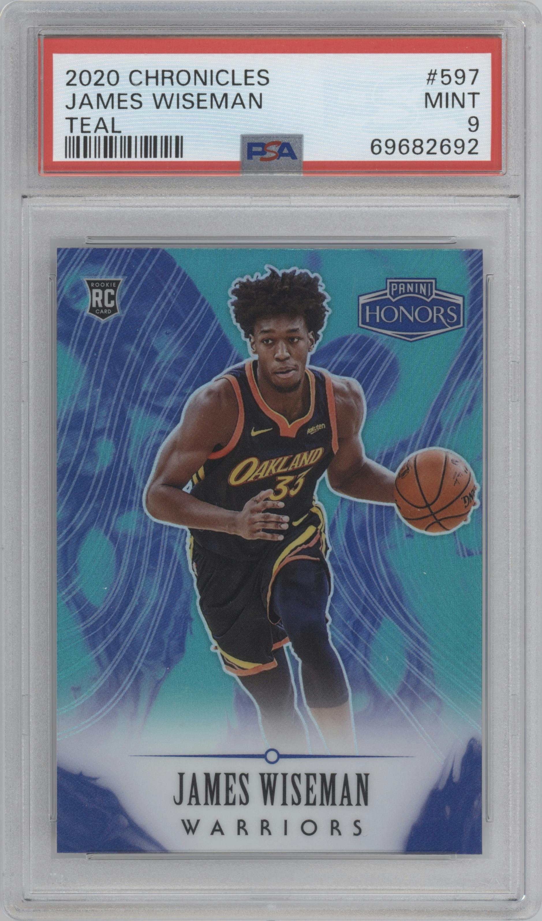 James Wiseman from the 2020-21 Panini Chronicles set featuring a Teal parallel graded by PSA and given an overall grade of 9.