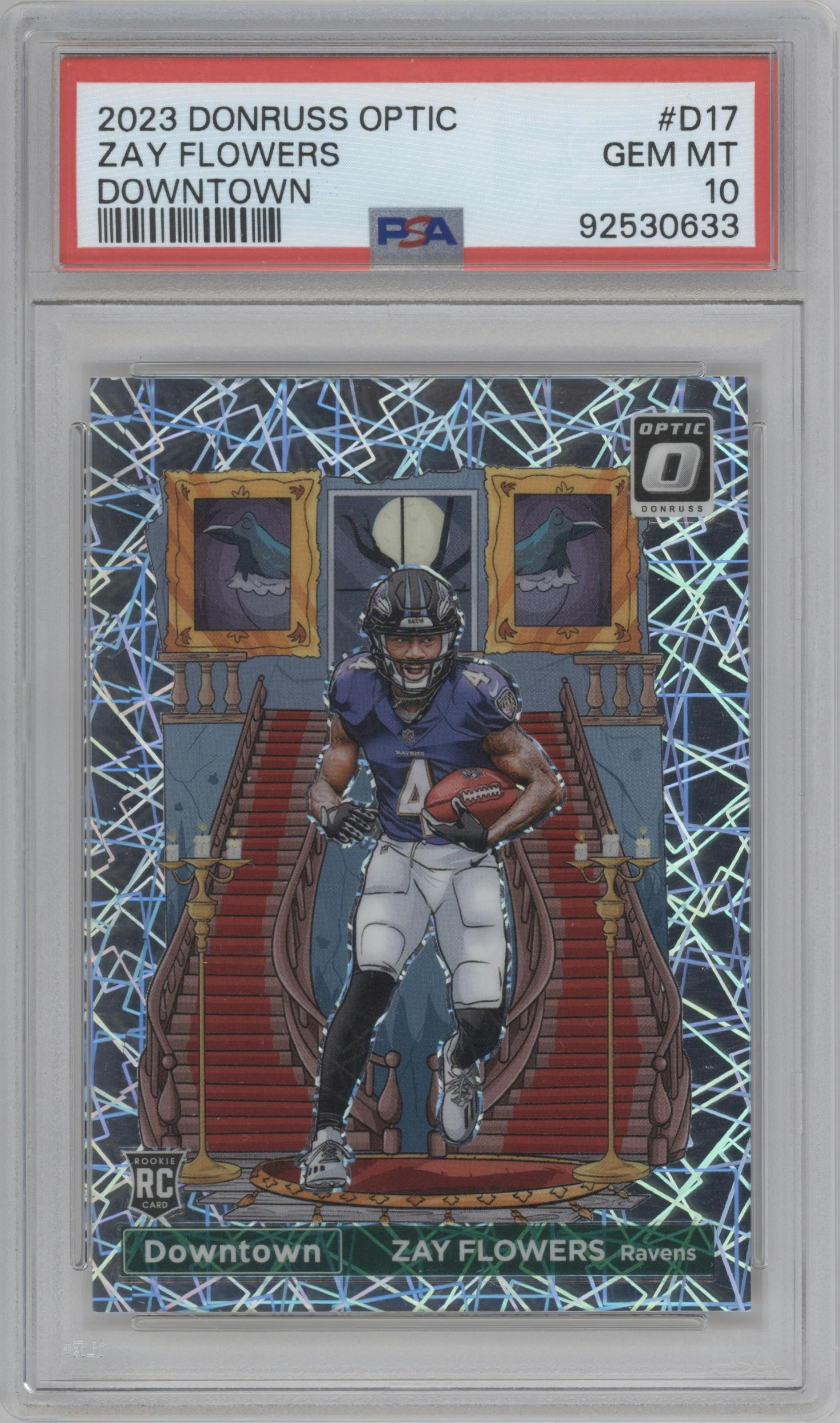 Zay Flowers from the 2023 Donruss Optic set graded by PSA and given an overall grade of 10.
