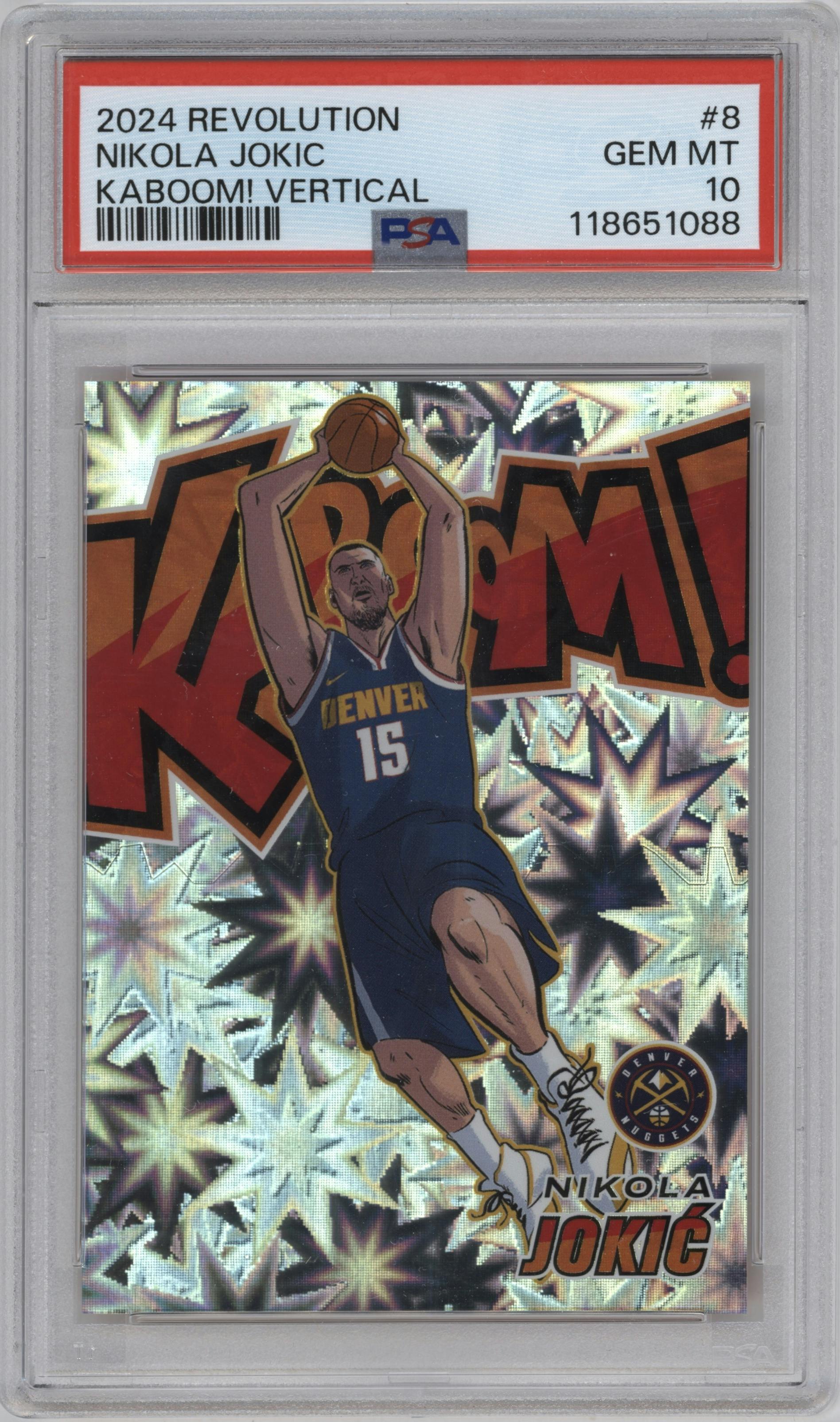 Nikola Jokic from the 2024-25 Panini Revolution set graded by PSA and given an overall grade of 10.