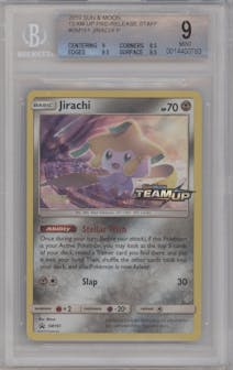 Jirachi from the 2019 Pokemon S&M  set featuring a Team UP Staff parallel graded by Beckett and given an overall grade of 9.