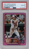 Gunnar Henderson from the 2023 Topps Chrome set featuring a Pink Refractor parallel graded by PSA and given an overall grade of 10.