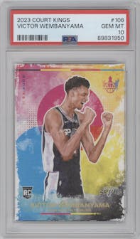 Victor Wembanyama from the 2023-24 Panini Court Kings set graded by PSA and given an overall grade of 10.