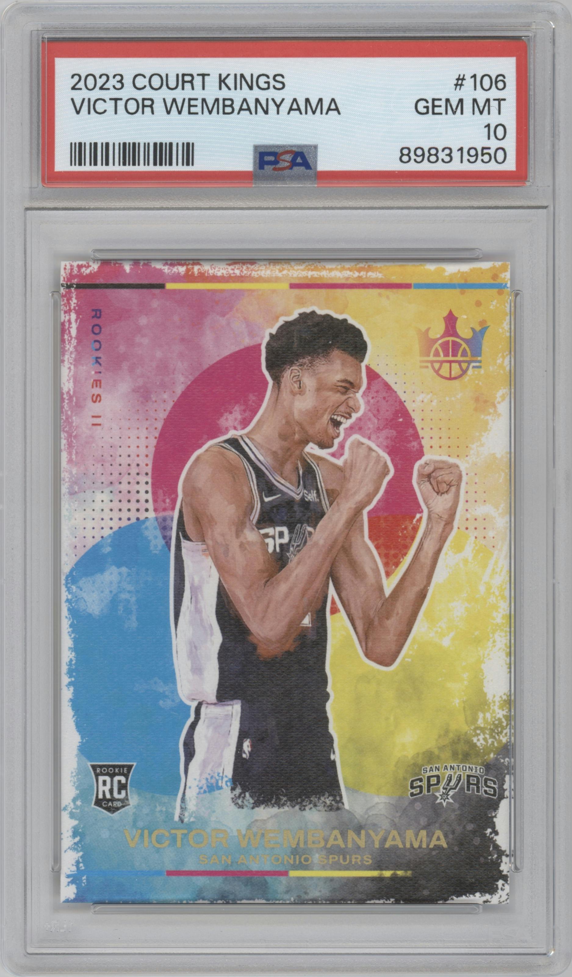 Victor Wembanyama from the 2023-24 Panini Court Kings set graded by PSA and given an overall grade of 10.
