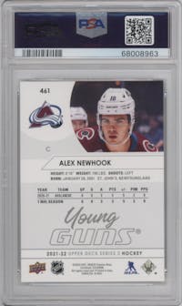 Alex Newhook from the 2021-22 Upper Deck Series 2 set graded by PSA and given an overall grade of 10.