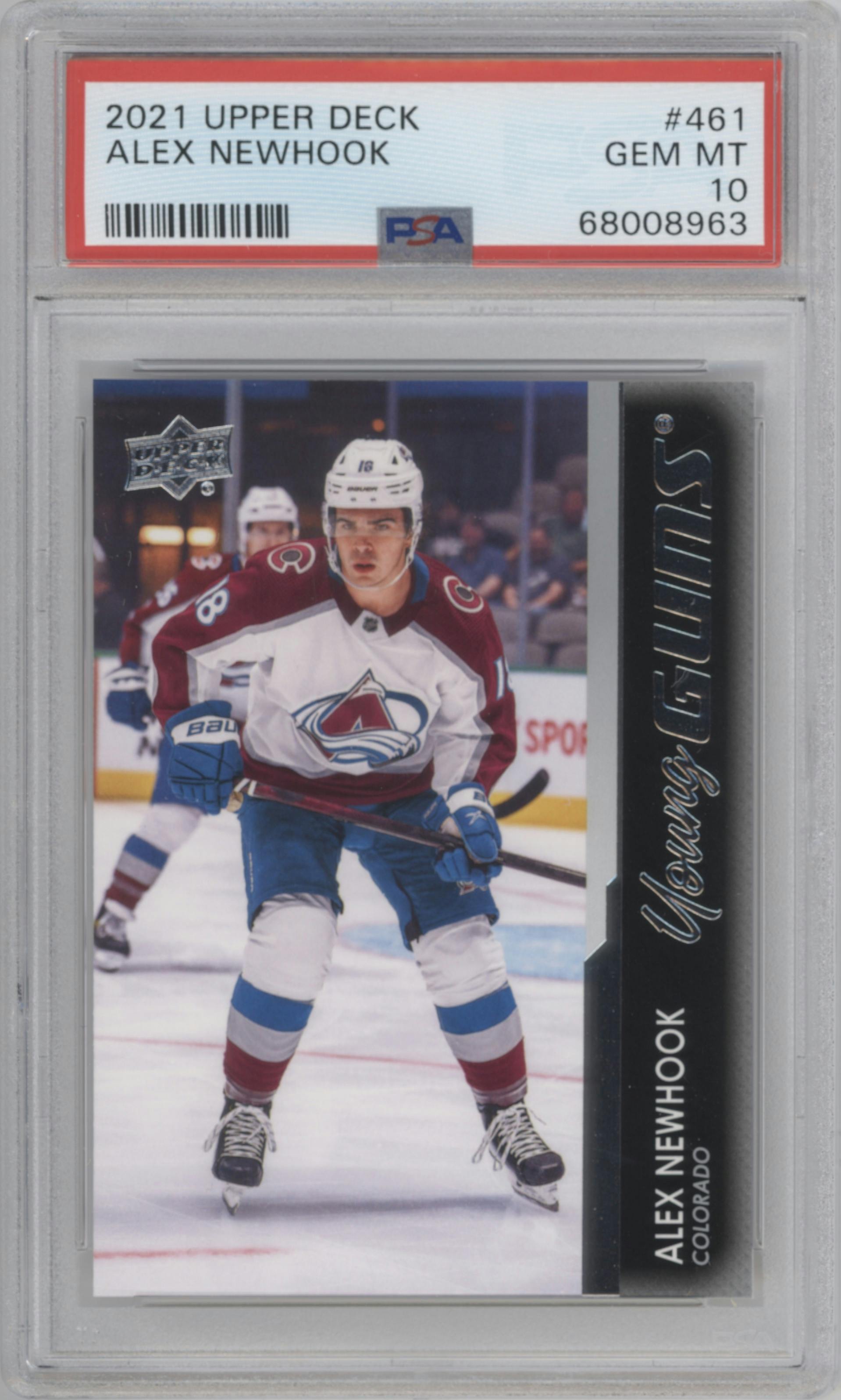 Alex Newhook from the 2021-22 Upper Deck Series 2 set graded by PSA and given an overall grade of 10.