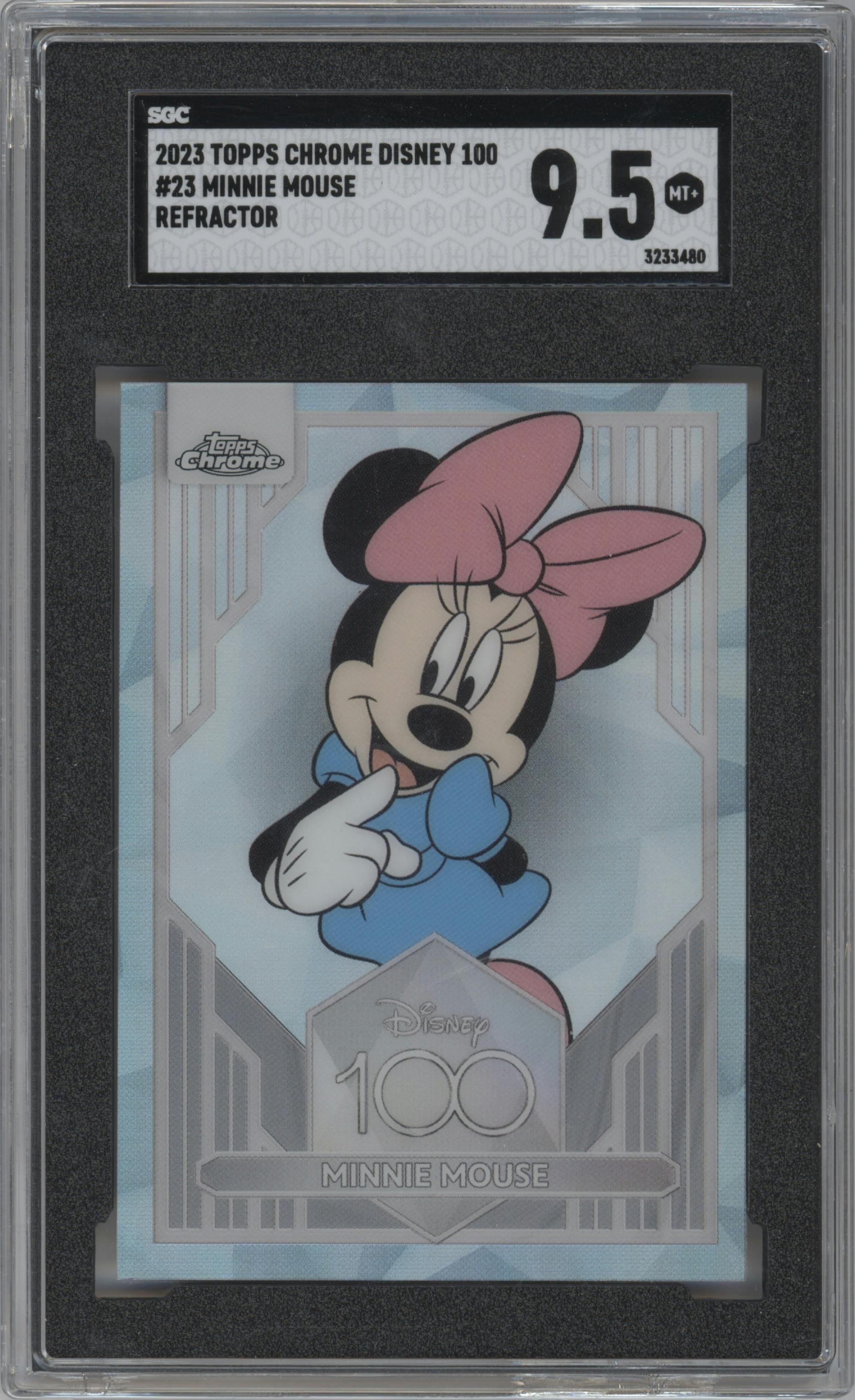 Minnie Mouse from the 2023 Topps Chrome Disney 100 set featuring a Refractor parallel graded by SGC and given an overall grade of 9.5.