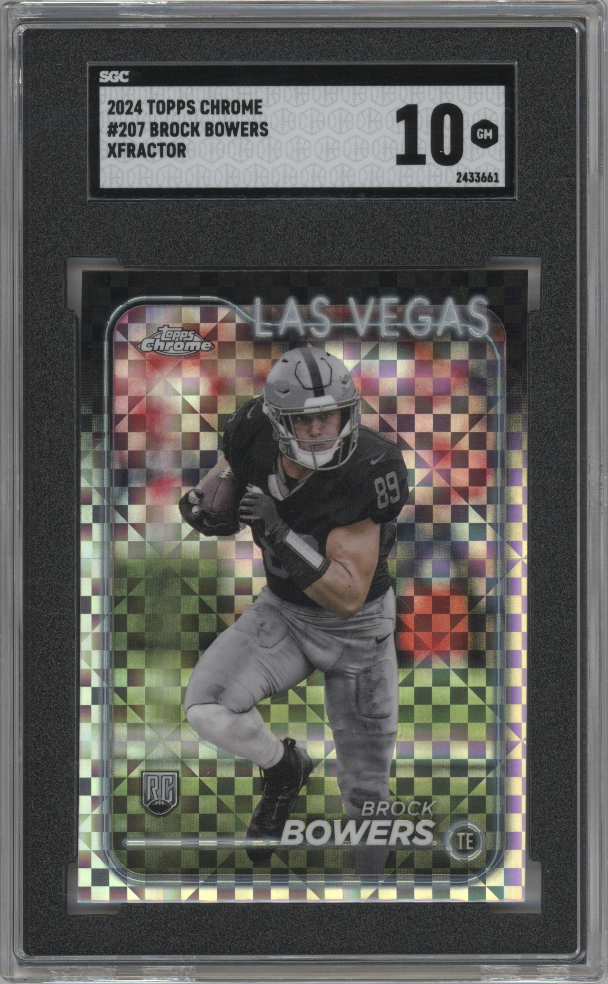 Brock Bowers from the 2024 Topps Chrome set featuring a X-Fractor parallel graded by SGC and given an overall grade of 10.