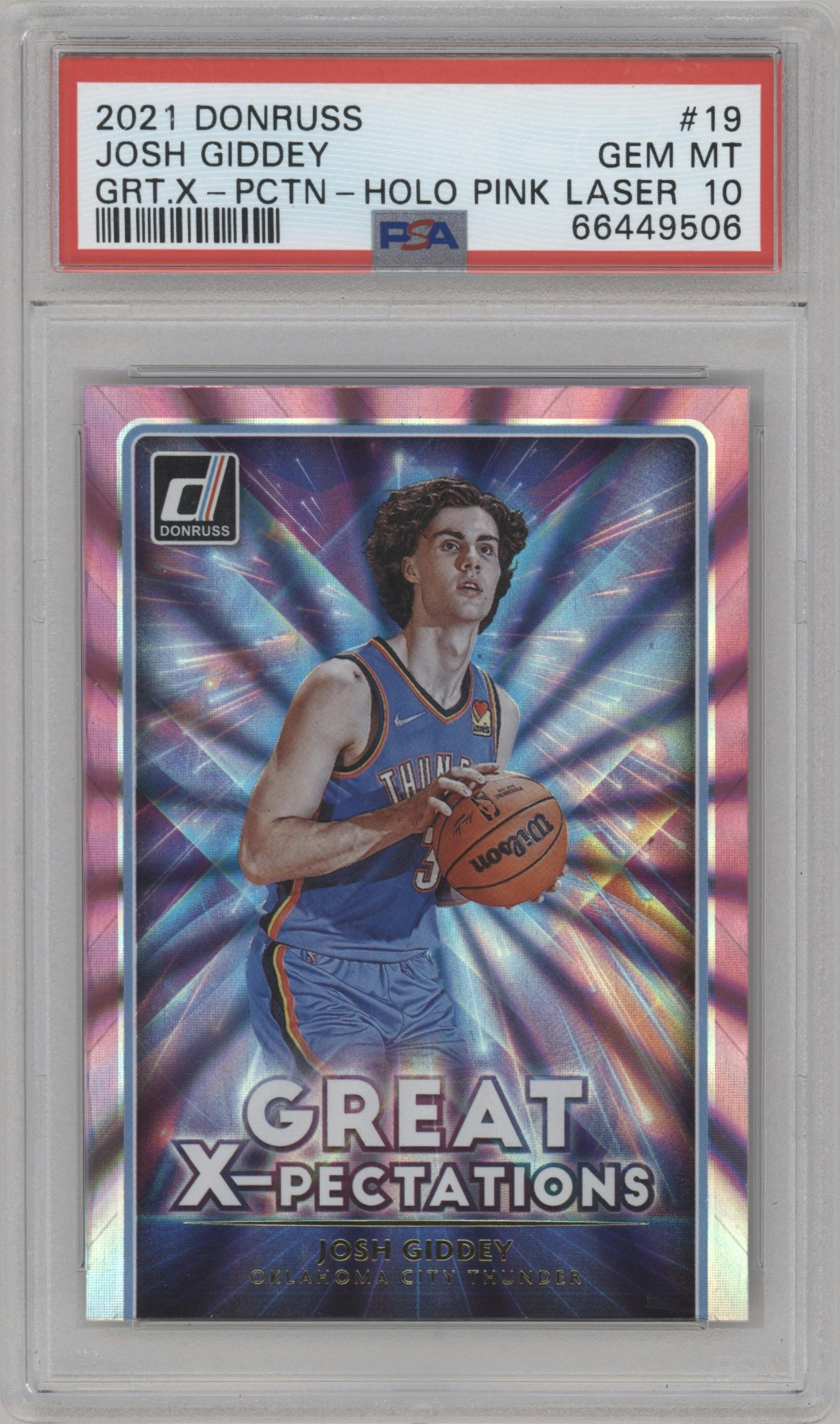 Josh Giddey from the 2021-22 Panini Donruss set featuring a Pink Holo Laser parallel graded by PSA and given an overall grade of 10.