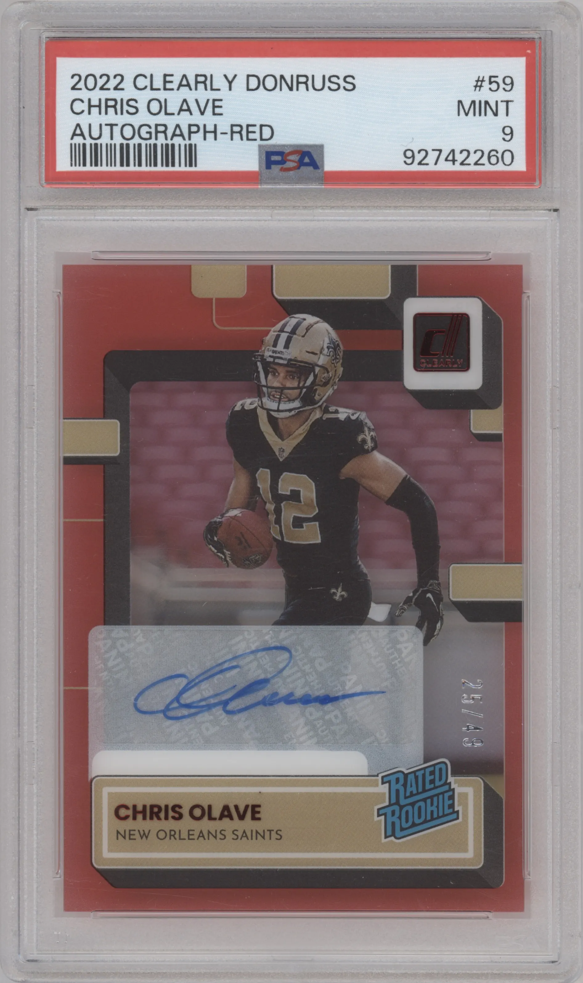 2022 Clearly Donruss Rtd.Rke.Auto Chris Olave Red #59 PSA 9