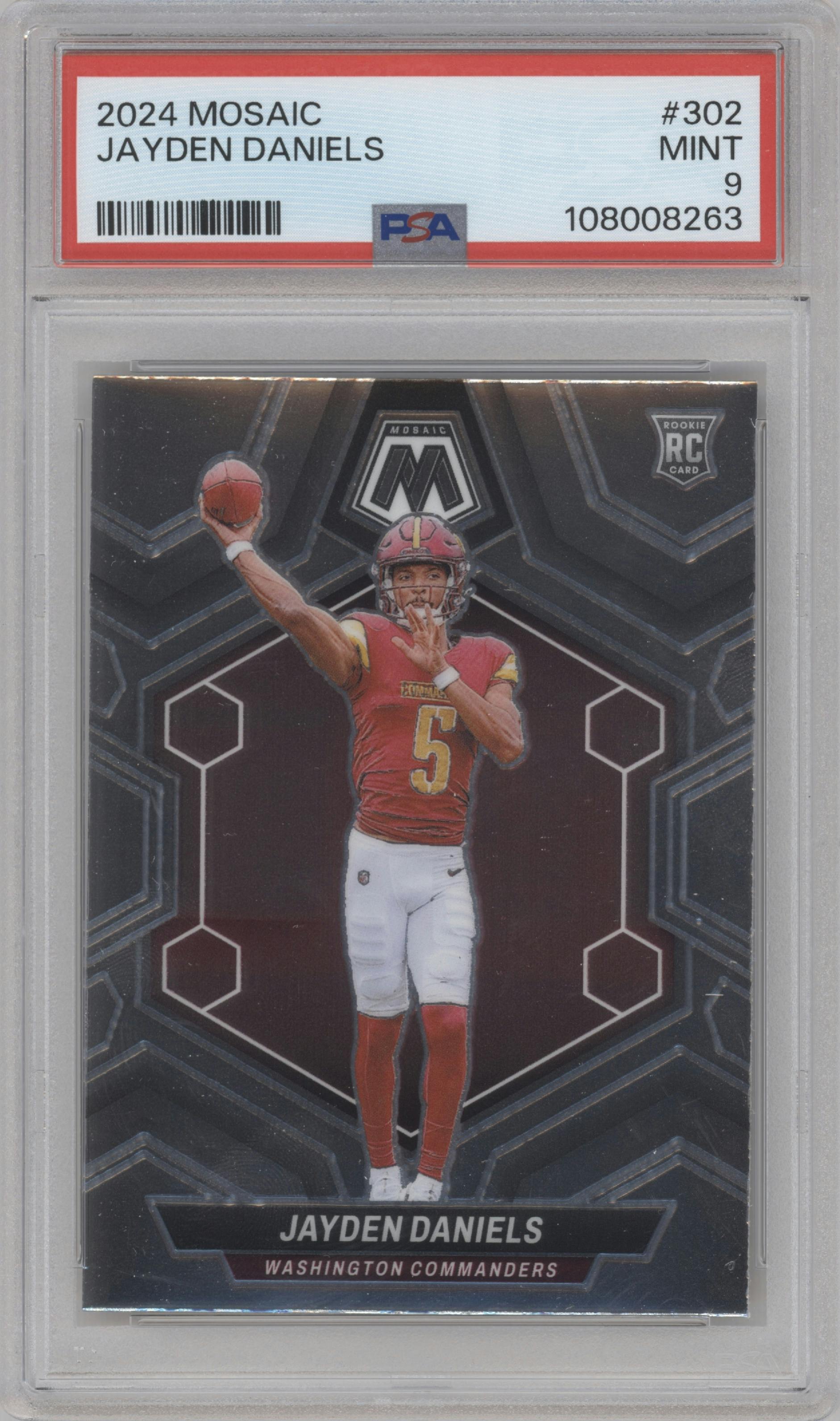 Jayden Daniels from the 2024 Panini Mosaic set graded by PSA and given an overall grade of 9.